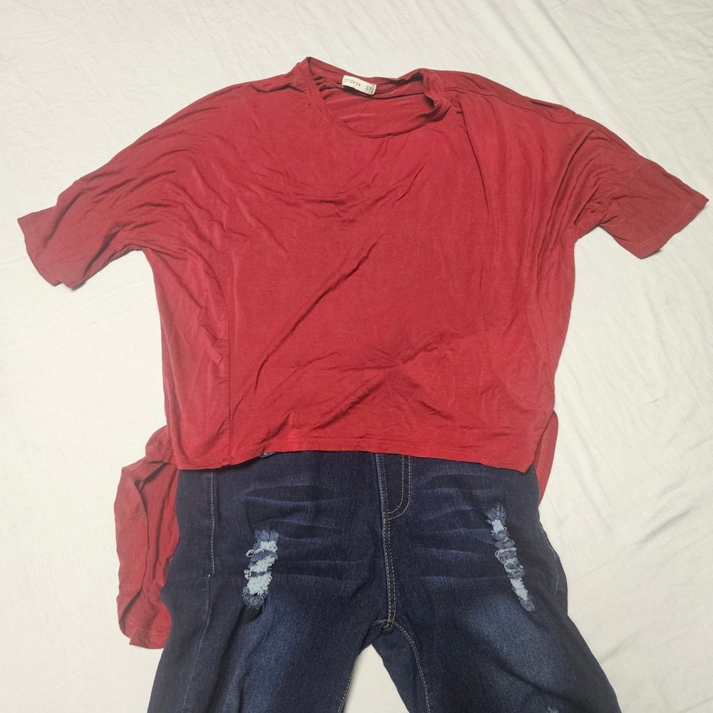 Cotton On Top & Let's Diet Jeans Set Womens Small Red High Low Distressed Denim